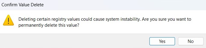 Pressing "Yes" on "Confirm Value Delete" window. 