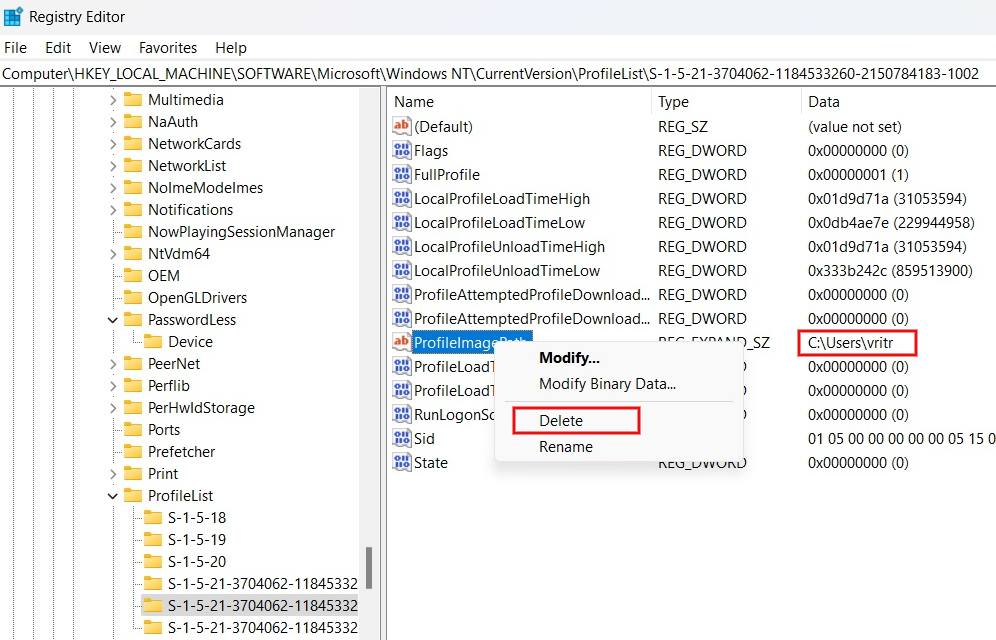 Deleting key associated with specific user profile in Registry Editor.