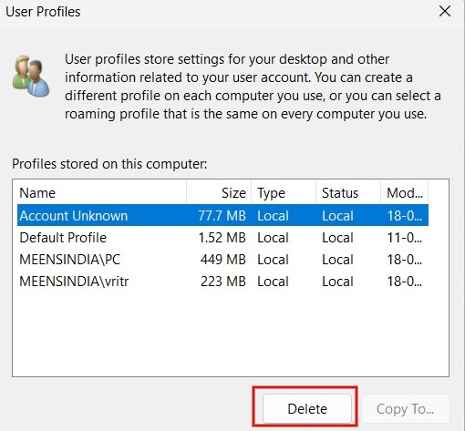 Selecting user profile and click "Delete"" in User Profile window. 