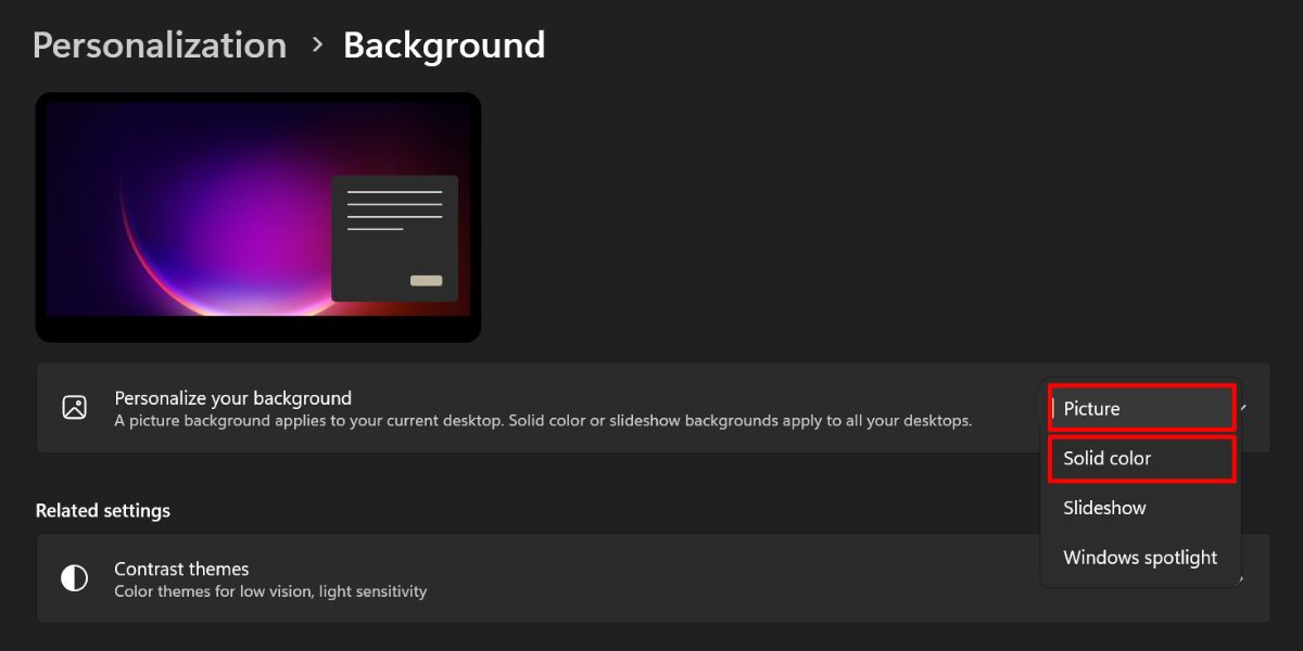 Selecting a different option for "Personalize your background" in Windows Setting.