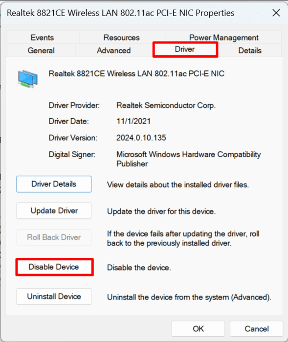 Option to disable the Wireless Adapter driver in Windows indicates driver is active.