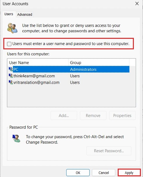 Unchecking "Users must enter a user name and password to use this computer" in User Accounts.