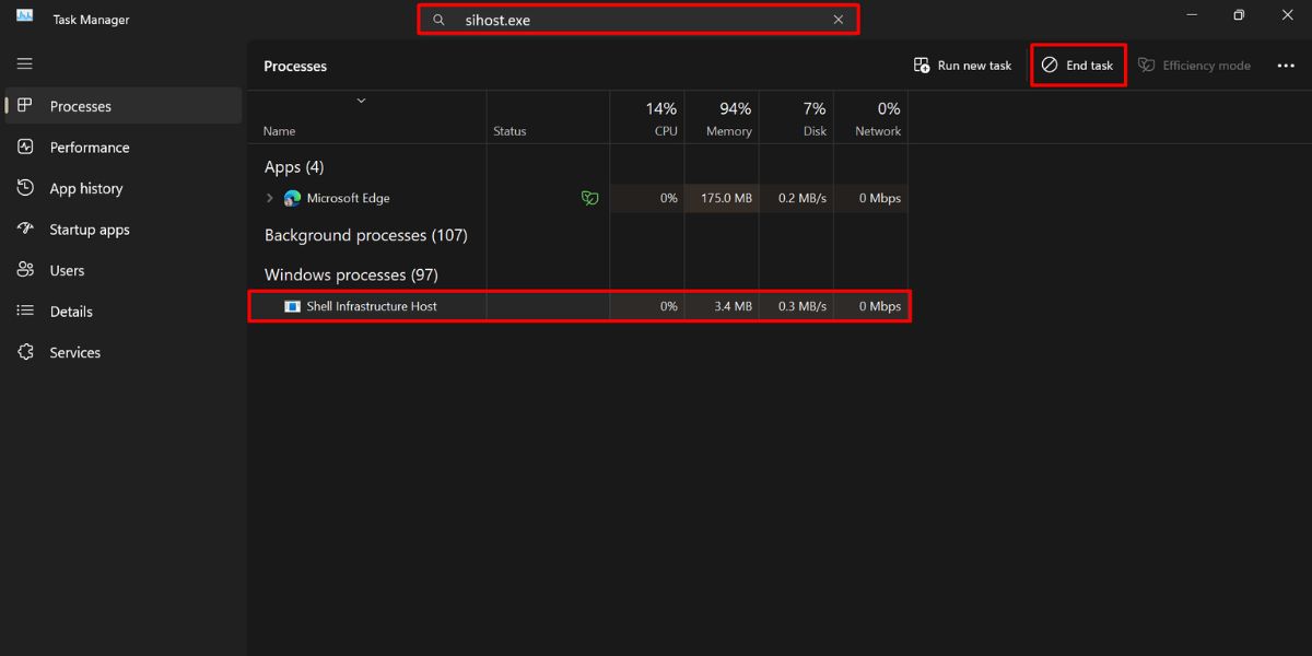 Disabling the Shell Infrastructure Host in the Task Manager.