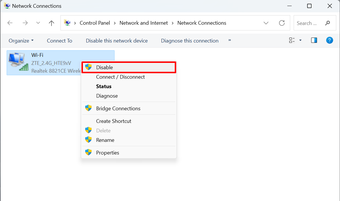 Disabling the Wi-Fi adapter in the Control Panel. 