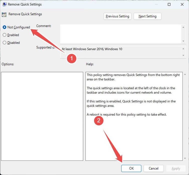 Setting policy to "Not Configured" in Local Group Policy Editor.
