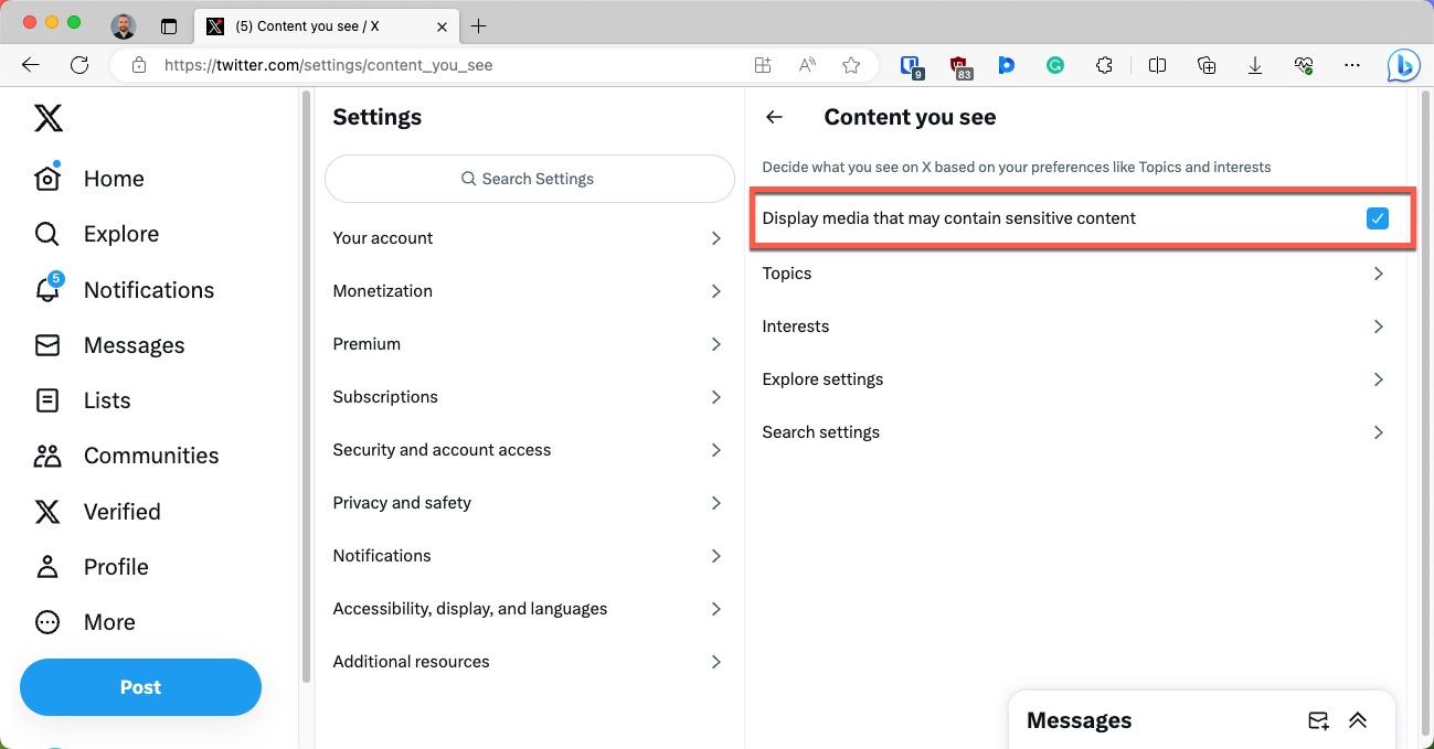 twitter for web display sensitive content twitter checkbox