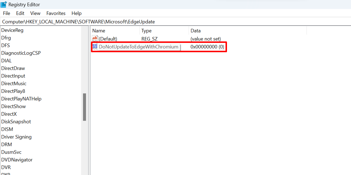 Creating DWORD value that prevents Edge from being reinstalled in Registry Editor.