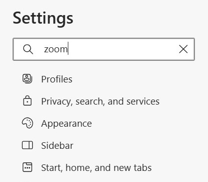 Typing "zoom" in Settings Search in Edge browser.
