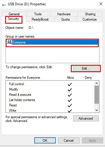 Selecting "Everyone" under "Groups and user names" and clicking "Edit."