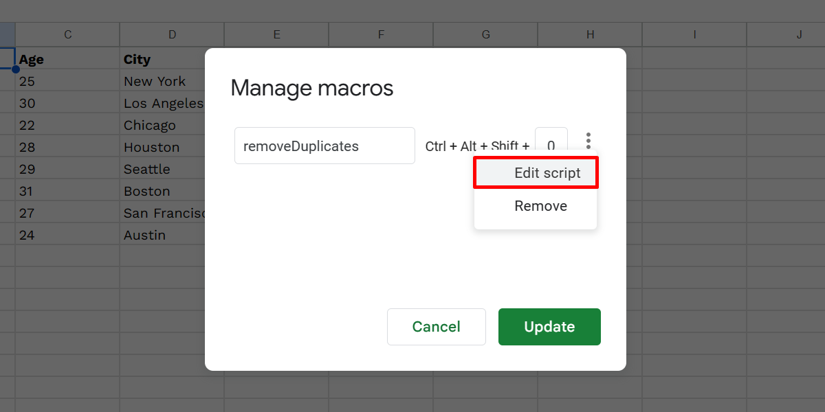 Clicking "Edit script" to modify a macro