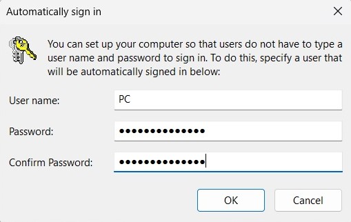Entering credentials for account in "Automatically sign in" window.