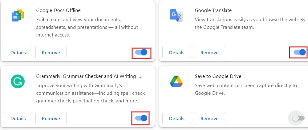 Toggling slider to blue for all extensions you want to enable in Chrome.