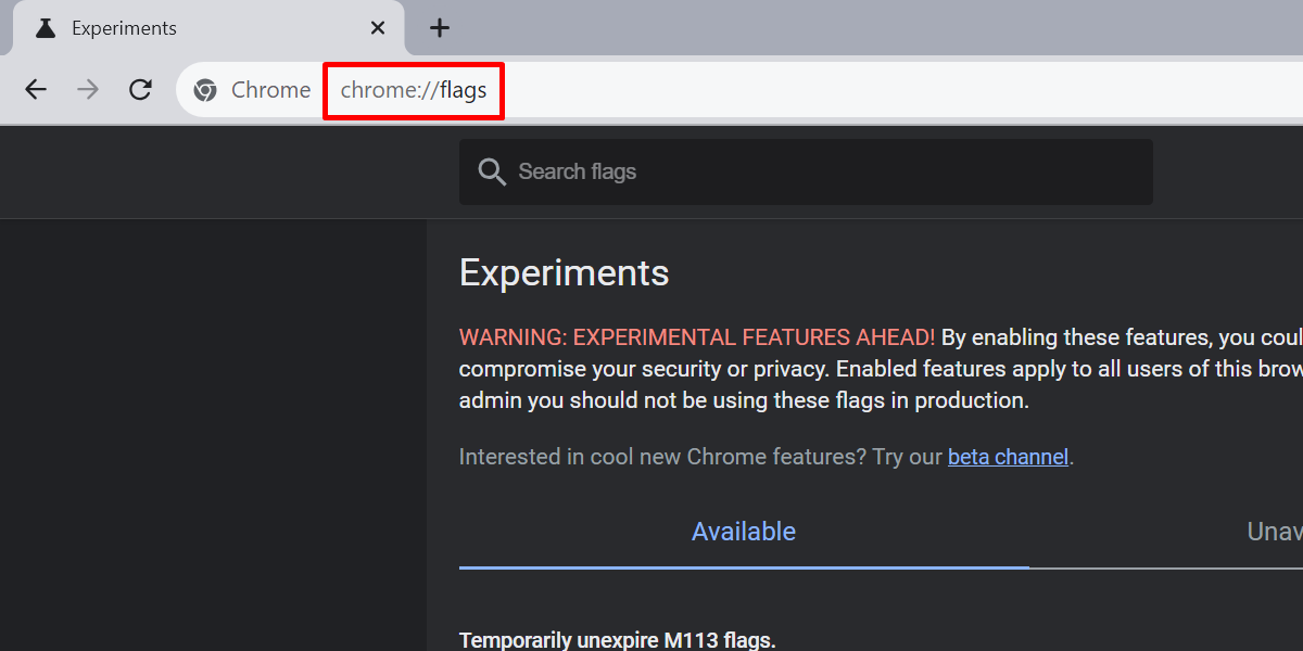 Experiments tab in Google Chrome.