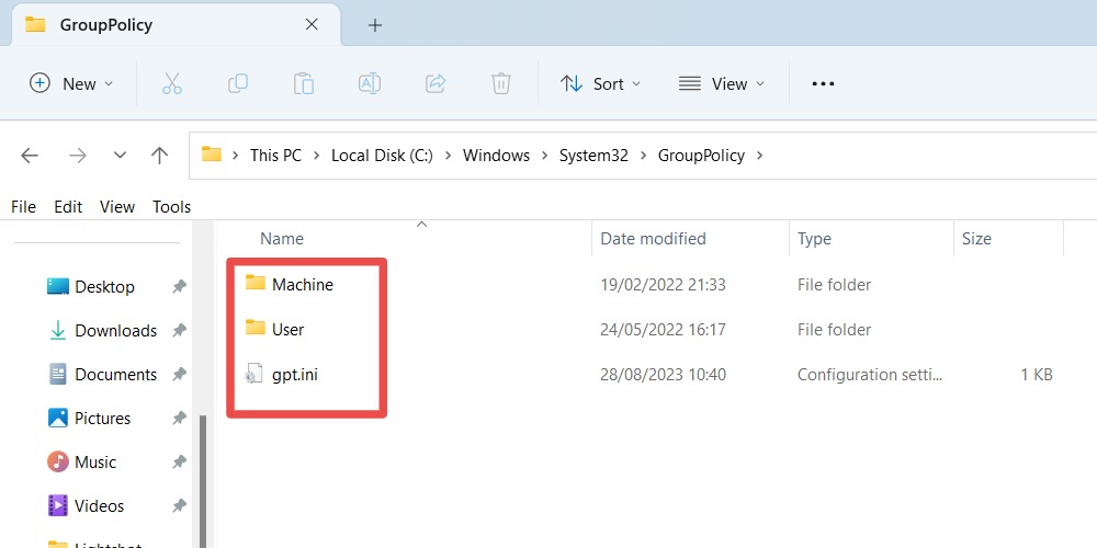 Files and folders In the Group Policy folder in File Explorer.