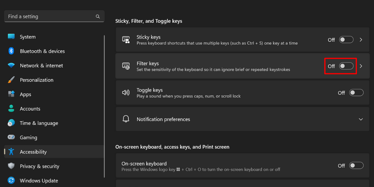 Turning off filter keys on Windows 11.