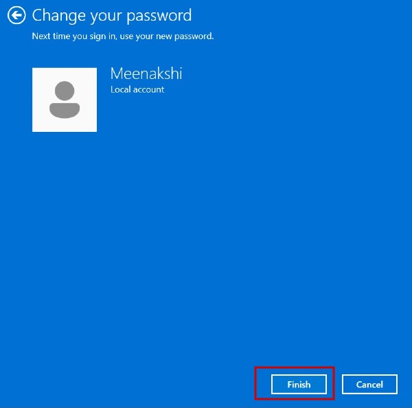 Clicking "Finish" on "Change your password" window.
