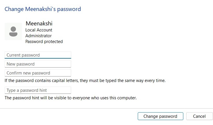 Clicking "Change password" button after leaving all fields blank in Control Panel. 