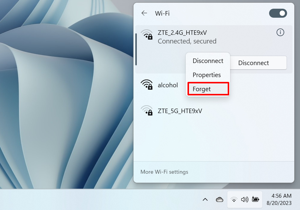 Selecting "Forget" option for select Wi-Fi connection. 