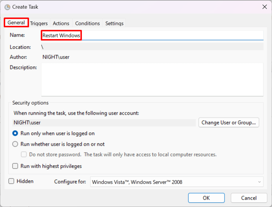 Naming a new task in Task Scheduler.