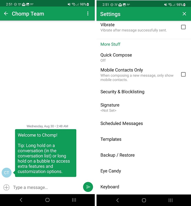 Chomp SMS app interface overview.