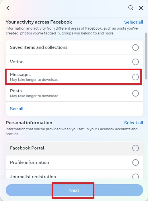 Selecting the "Messages" option for download on Facebook on PC.