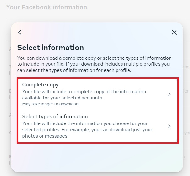 Opting for the type of information you wish to download from Facebook. 