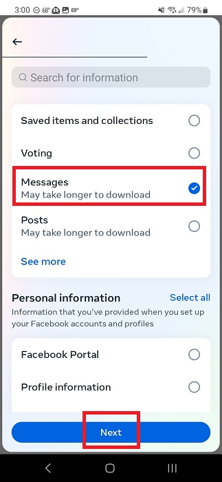 Opting to download messages in Facebook app. 