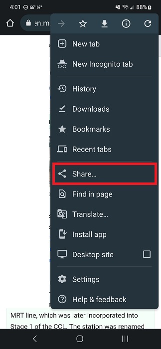 Clicking on "Share" from Chrome for Android.