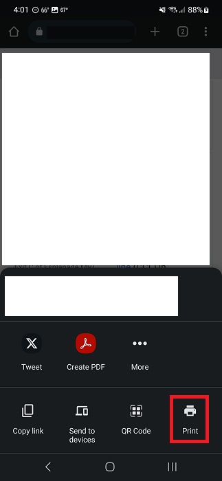 Selecting "Print" from pop-up menu in Chrome app for Android.