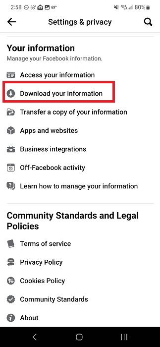 Tapping on "Download your information" option in Facebook app. 
