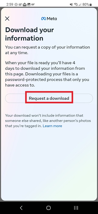 Pressing on "Request a download" button in Facebook app. 