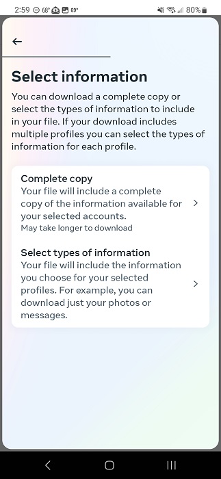 Selecting the information you wish to download in Facebook app. 