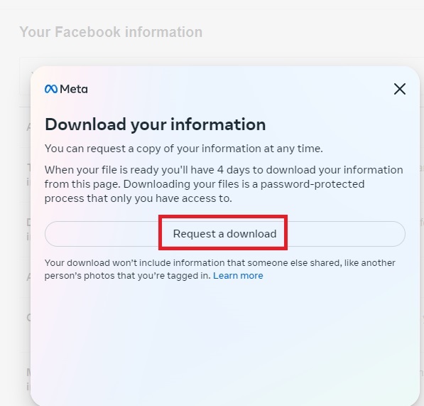 Clicking "Request a download" on Facebook on PC.