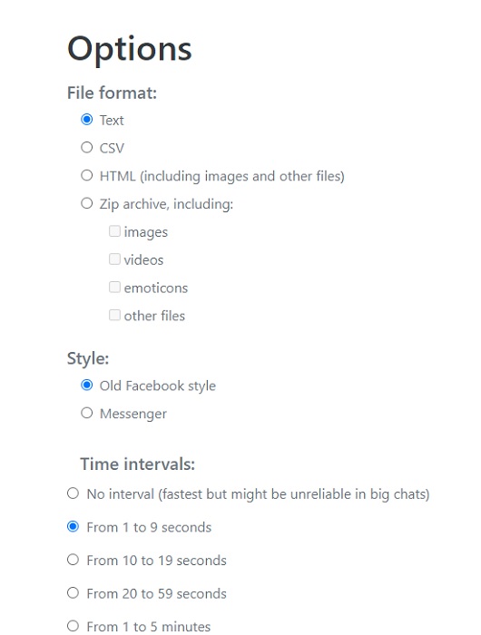 Select file format, style and time intervals for message download in Chrome extension.