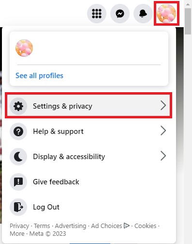Clicking on "Settings & privacy" in Facebook menu on PC.