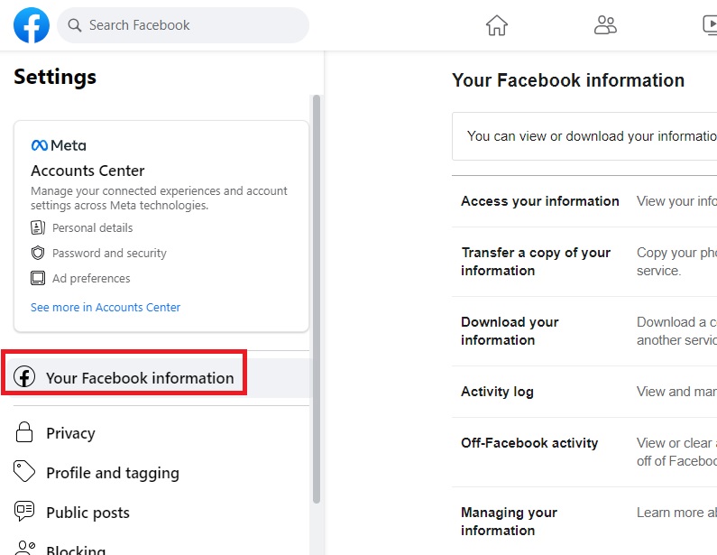 Clicking on "Your Facebook information" on Facebook on PC.