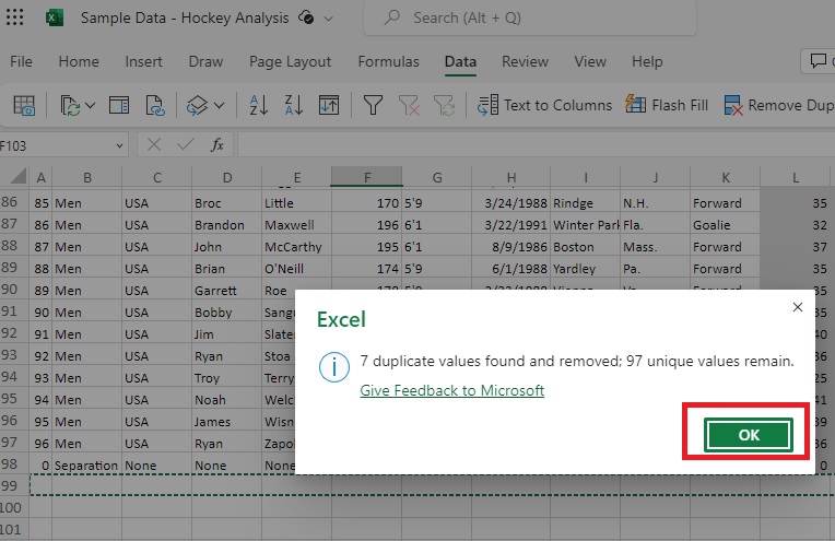 Confirm removal of duplicates in Excel