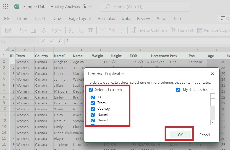 Select columns to remove duplicates from in Excel