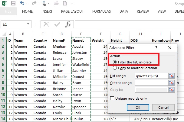 Set the Advanced Filter to filter the list in-place in Excel