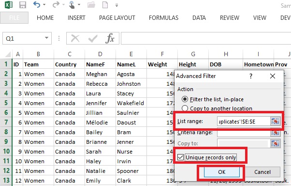 Define the list range for the Advanced Filter in Excel