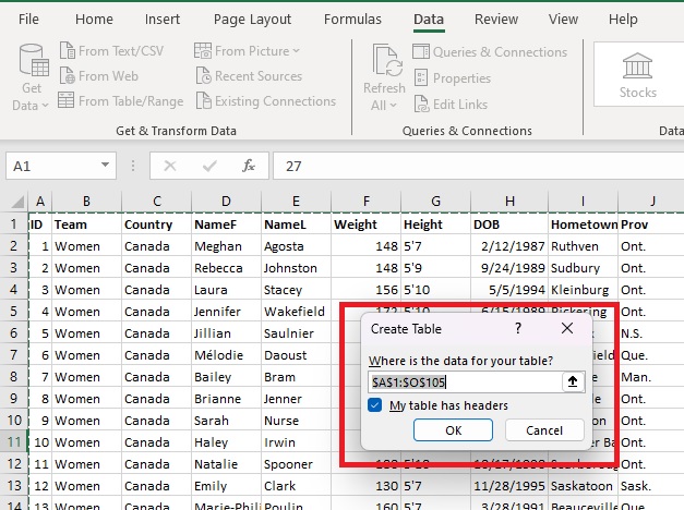 Select the data for the Excel Power Query