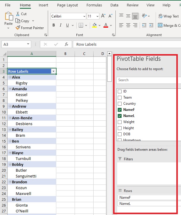 Select PivotTable fields