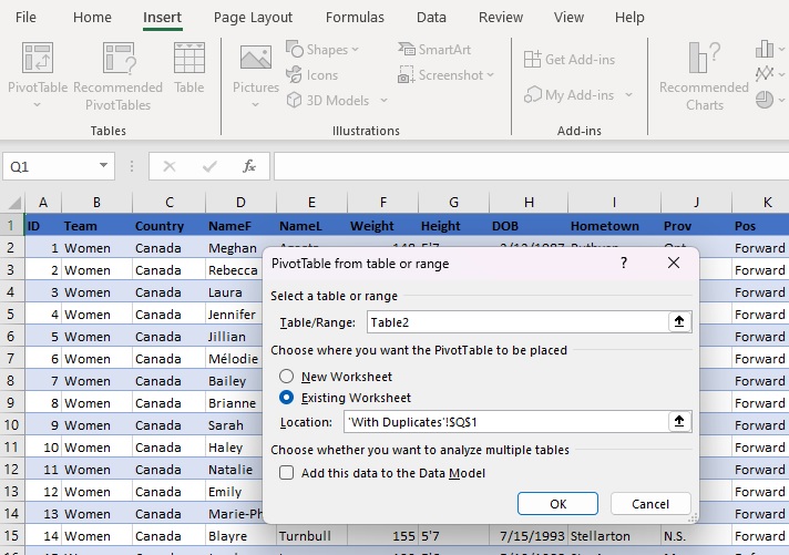 Choose where to place your PivotTable in your Excel workbook.