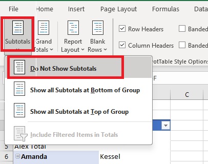 Do not show subtotals in your PivotTable