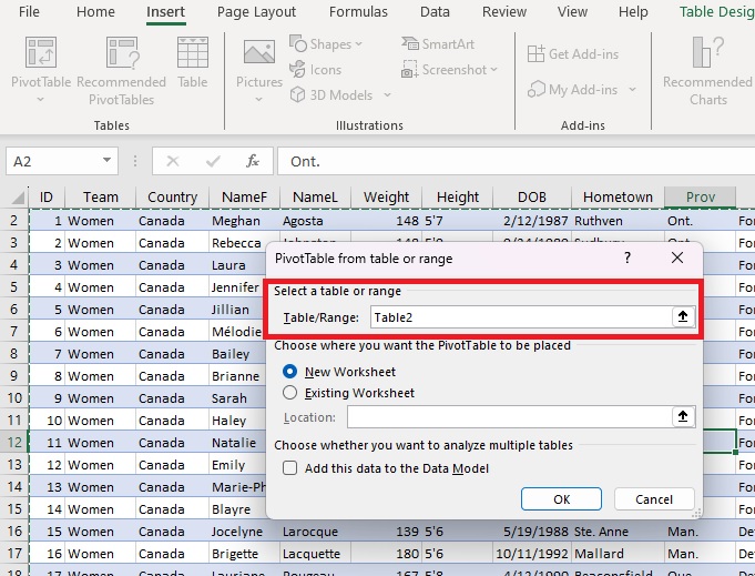 Select the range of your Excel PivotTable