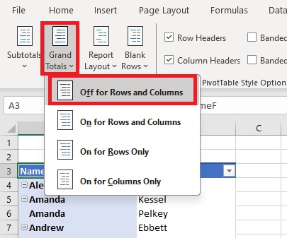 Turn the PivotTable's grand totals off for rows and columns.