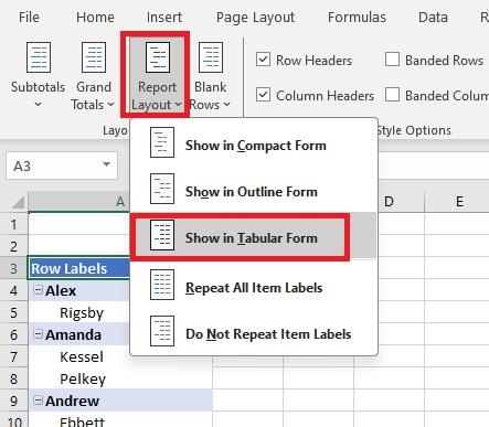 Show the PivotTable report in tabular form