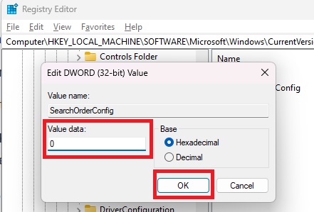 Changing value of key in Registry Editor.