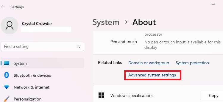 Pressing on the "Advanced system settings" button in Windows Settings.