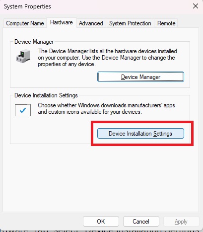 Clicking "Device Installation Settings" button in System Properties.